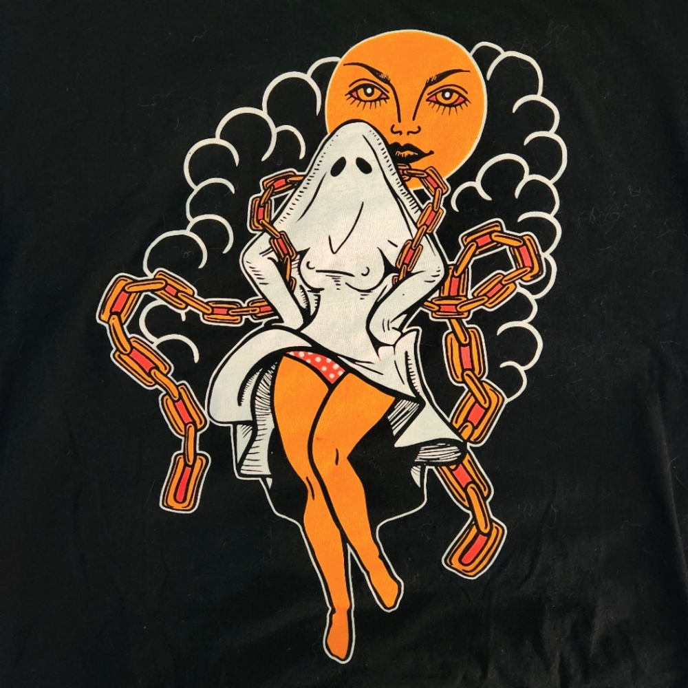 Halloween Ghost Pinup Rockabilly Black & Orange Screenprint t-Shirt sz Large